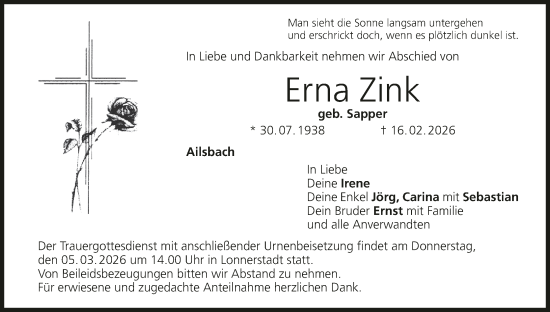 Anzeige von Erna Zink von MGO