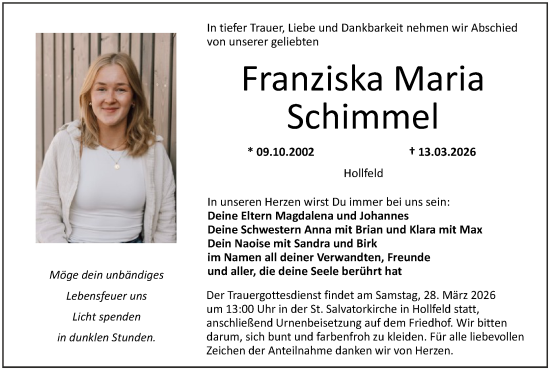 Anzeige von Franziska Maria Schimmel von MGO