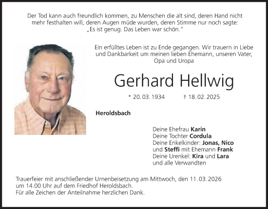 Anzeige von Gerhard Hellwig von MGO