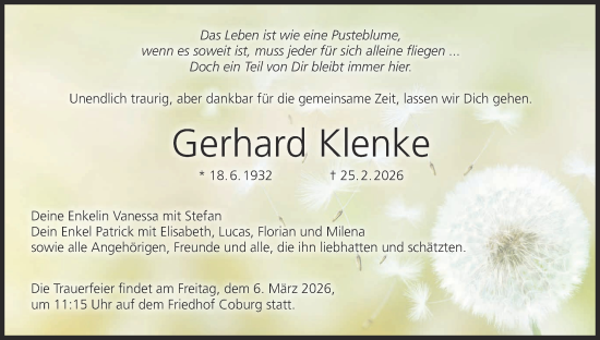 Anzeige von Gerhard Klenke von MGO