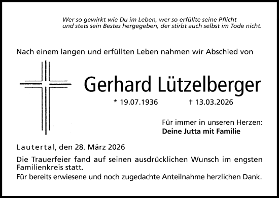 Anzeige von Gerhard Lützelberger von MGO