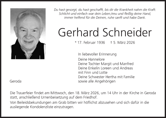 Anzeige von Gerhard Schneider von MGO
