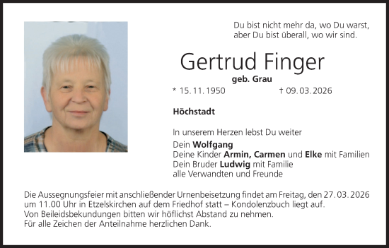 Anzeige von Gertrud Finger von MGO