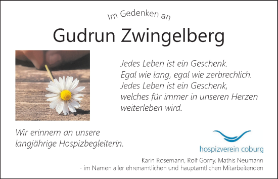 Anzeige von Gudrun Zwingelberg von MGO