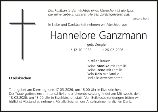 Anzeige von Hannelore Ganzmann von MGO
