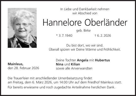 Anzeige von Hannelore Oberländer von MGO