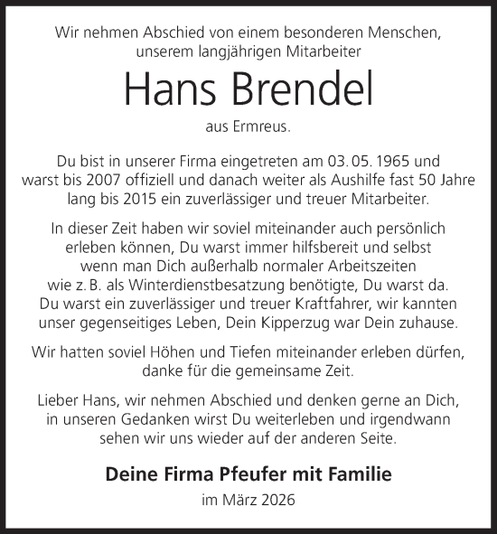 Anzeige von Hans Brendel von MGO