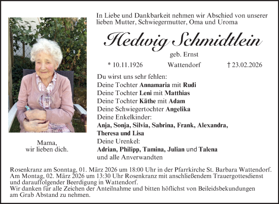 Anzeige von Hedwig Schmidtlein von MGO