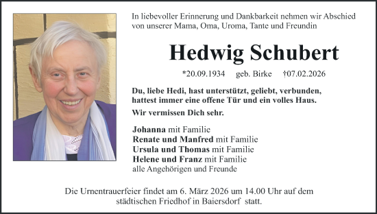 Anzeige von Hedwig Schubert von MGO
