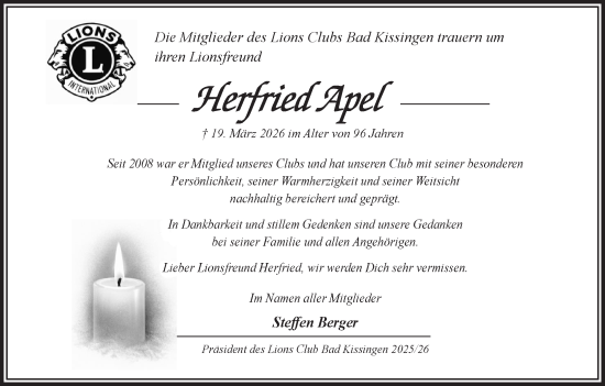 Anzeige von Herfried Apel von MGO