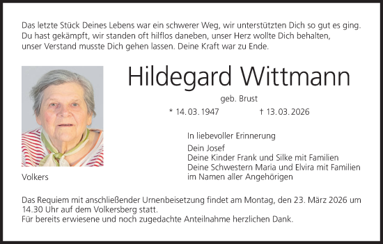 Anzeige von Hildegard Wittmann von MGO