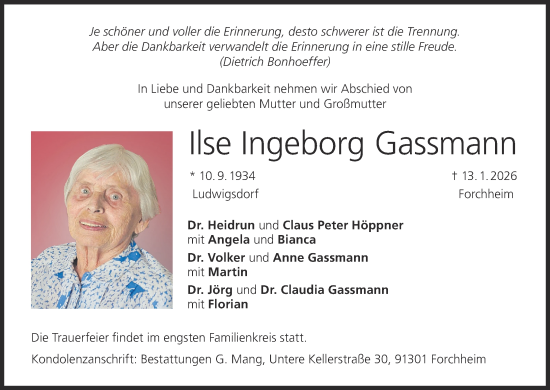 Anzeige von Ilse Ingeborg Gassmann von MGO