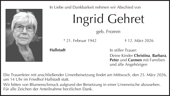 Anzeige von Ingrid Gehret von MGO