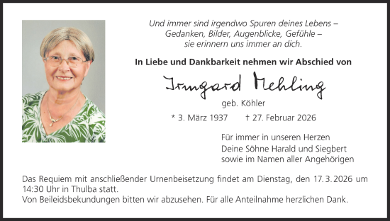 Anzeige von Irmgard Mehling von MGO