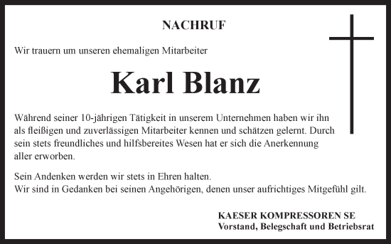 Anzeige von Karl Blanz von MGO