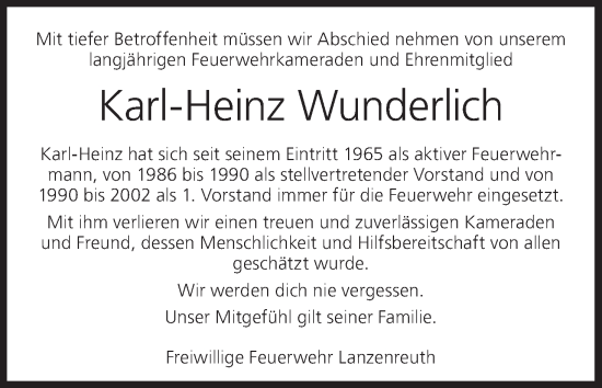 Anzeige von Karl-Heinz Wunderlich von MGO