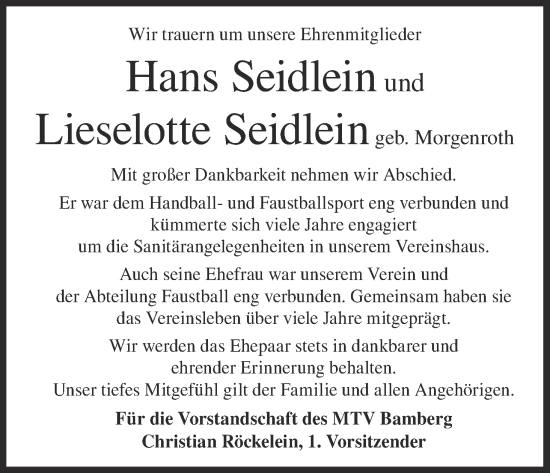 Anzeige von Lieselotte Seidlein von MGO