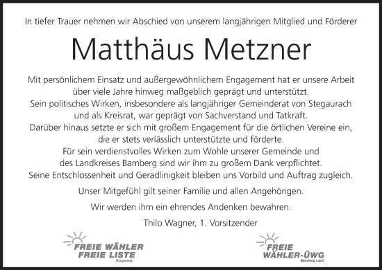 Anzeige von Matthäus Metzner von MGO