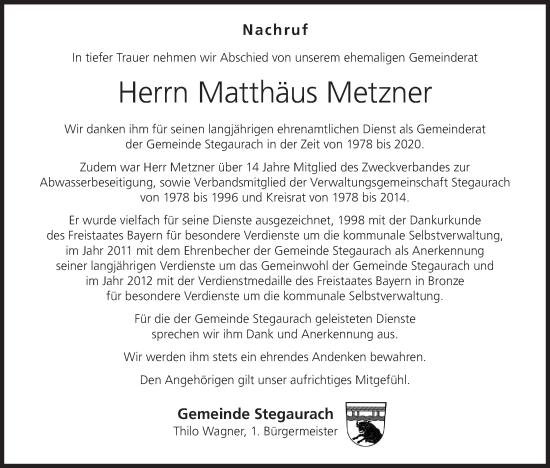 Anzeige von Matthäus Metzner von MGO