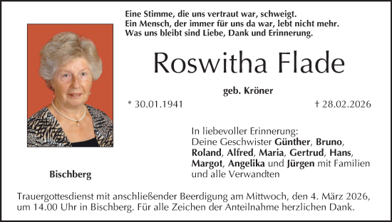 Anzeige von Roswitha Flade von MGO