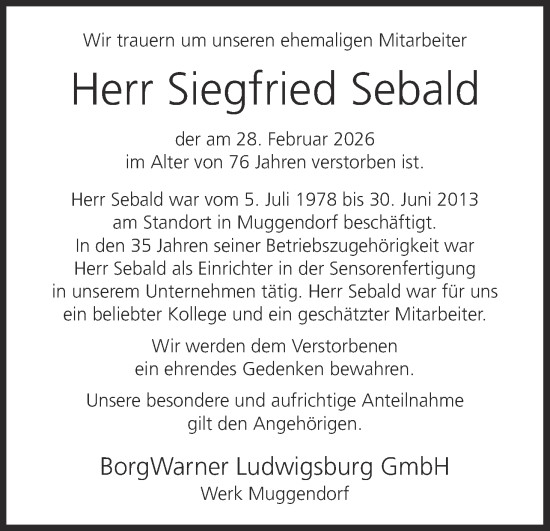 Anzeige von Siegfried Sebald von MGO