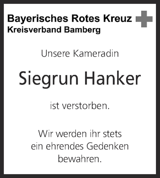 Anzeige von Siegrun Hanker von MGO