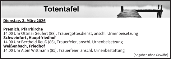Anzeige von Totentafel vom 03.03.2026 von MGO