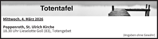 Anzeige von Totentafel vom 04.03.2026 von MGO