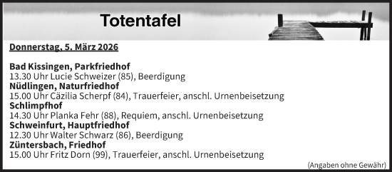 Anzeige von Totentafel vom 05.03.2026 von MGO
