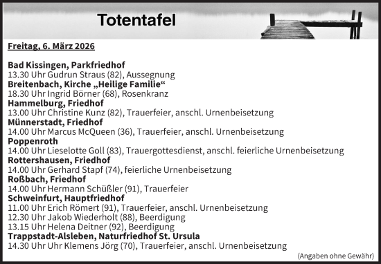 Anzeige von Totentafel vom 06.03.2026 von MGO