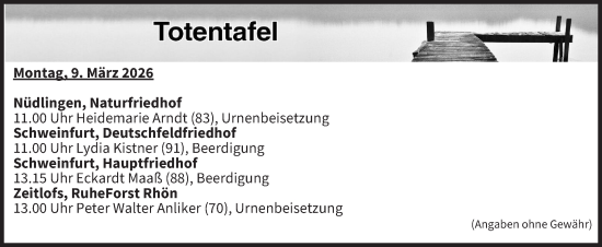 Anzeige von Totentafel vom 09.03.2026 von MGO