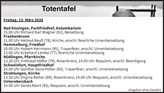 Anzeige von Totentafel vom 13.03.2026 von MGO