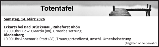Anzeige von Totentafel vom 14.03.2026 von MGO