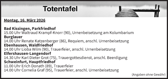 Anzeige von Totentafel vom 16.03.2026 von MGO