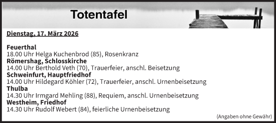 Anzeige von Totentafel vom 17.03.2026 von MGO