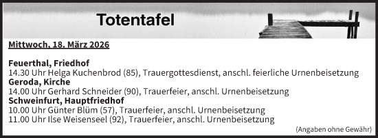 Anzeige von Totentafel vom 18.03.2026 von MGO