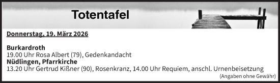 Anzeige von Totentafel vom 19.03.2026 von MGO