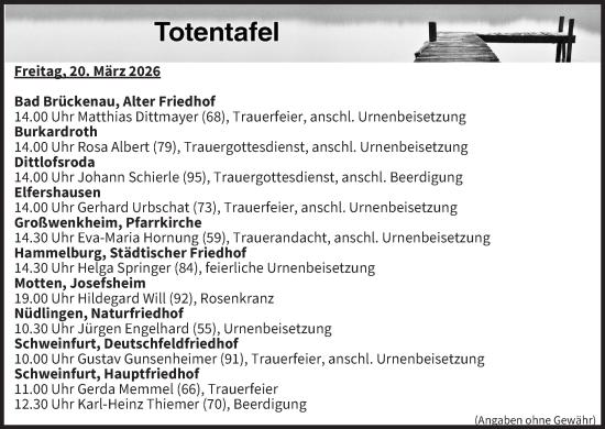 Anzeige von Totentafel vom 20.03.2026 von MGO