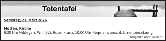 Anzeige von Totentafel vom 21.03.2026 von MGO