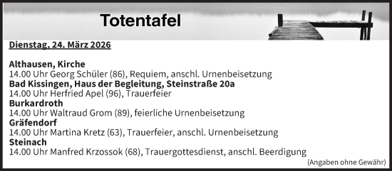 Anzeige von Totentafel vom 24.03.2026 von MGO