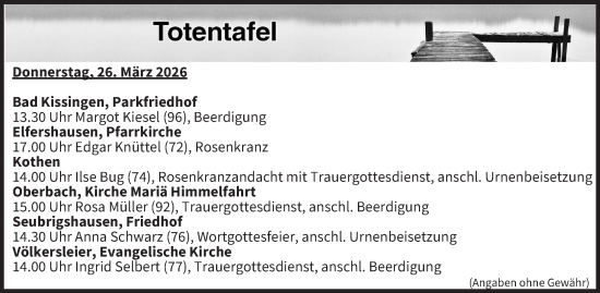 Anzeige von Totentafel vom 26.03.2026 von MGO