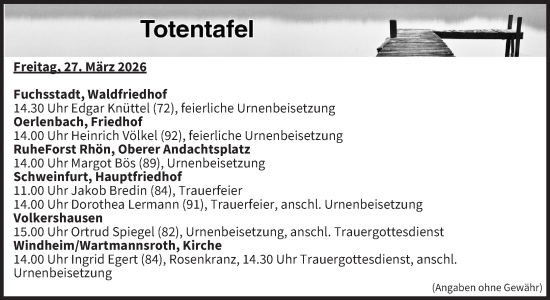 Anzeige von Totentafel vom 27.03.2026 von MGO