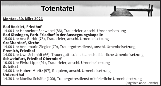 Anzeige von Totentafel vom 30.03.2026 von MGO