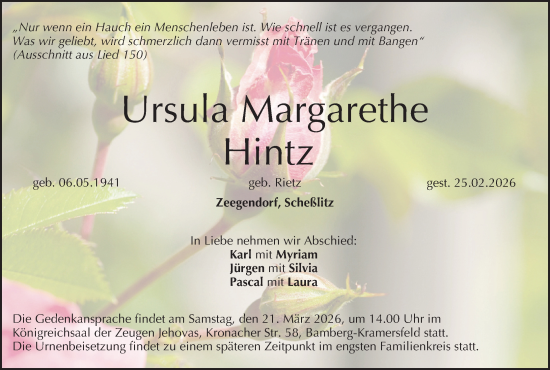 Anzeige von Ursula Margarethe Hintz von MGO