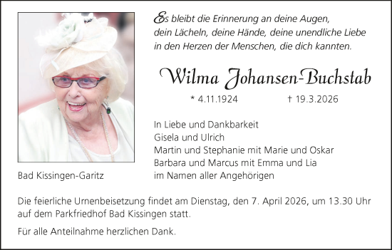 Anzeige von Wilma Johansen Buchstab von MGO