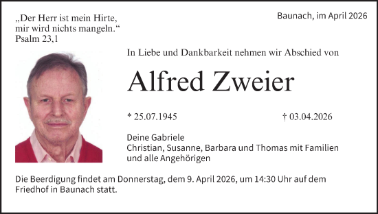 Anzeige von Alfred Zweier von MGO