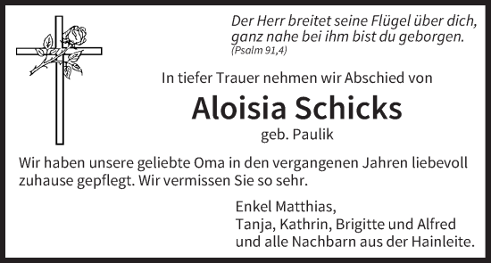 Anzeige von Aloisia Schicks von MGO