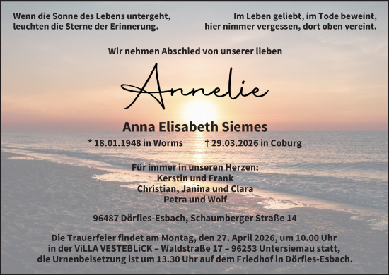 Anzeige von Anna Elisabeth Siemes von MGO
