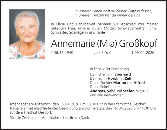 Anzeige von Annemarie Großkopf von MGO