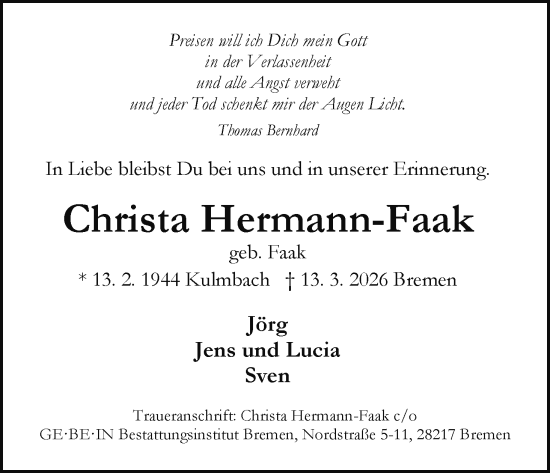 Anzeige von Christa Hermann-Faak von MGO